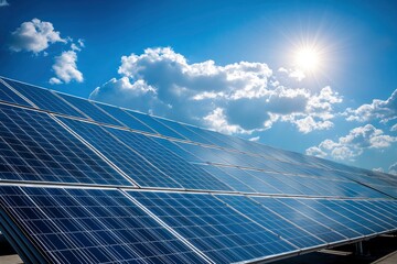 Array Of Solar Panels With Blue Sky And Sunlight Reflection- Clean Energy Concept with generative ai