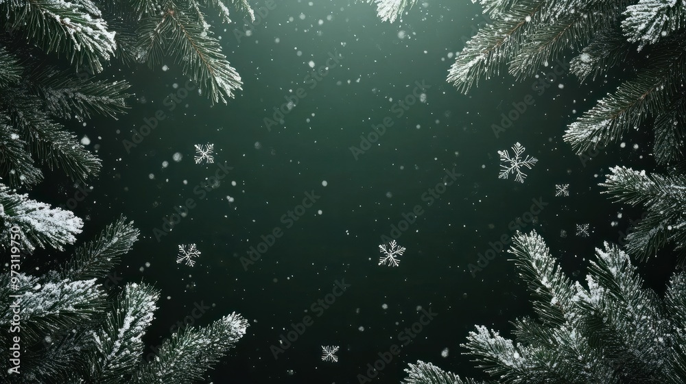 Wall mural dark green christmas background with fir trees, snowflakes and empty space. copy space for your text