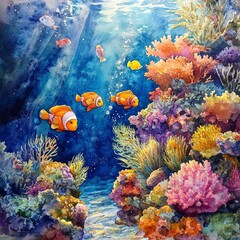 Naklejka premium Colorful Underwater Coral Reef with Clownfish and Sunbeams
