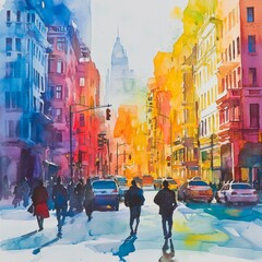 Fototapeta premium Watercolor Painting of City Street Scene with Buildings People and Cars