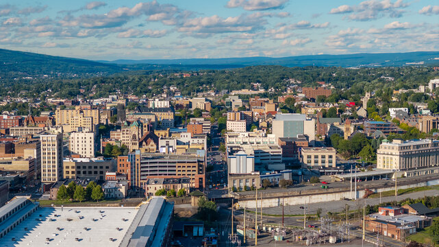 Late summer, early fall aerial, drone, photo of the Scranton Pennsylvania skyline.  September 2024.