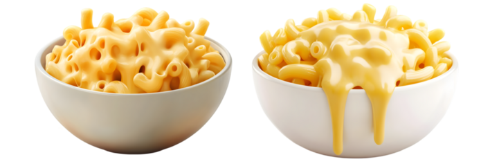 Set of cheesy macaroni in the bowls on transparent background