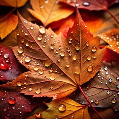 Fototapeta premium Close-up of autumn leaves with water droplets on vibrant red and orange foliage