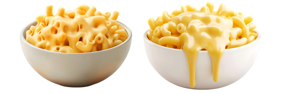 Set of cheesy macaroni in the bowls on transparent background