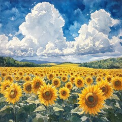 Obraz premium Watercolor Painting of a Sunflowers Field with Blue Sky and Clouds