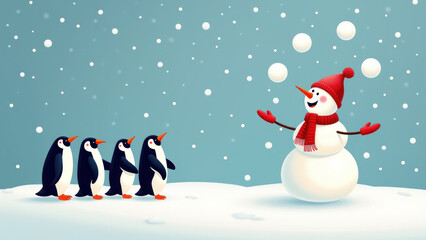 Fototapeta premium Snowman juggling snowballs with penguins