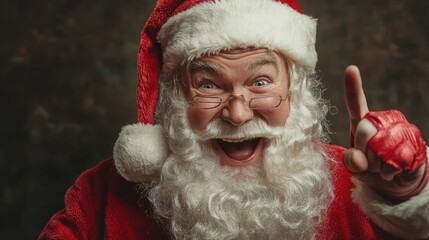 Funny happy excited old bearded Santa Claus face wearing costume looking at camera showing pointing fingers aside advertising
