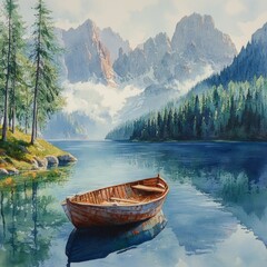 Obraz premium Wooden Rowboat on Calm Mountain Lake with Forest and Peaks Watercolor Painting