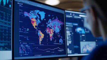 Intense Multicultural Team of Scientists Analyzing Global Monkeypox Spread on Digital Screen in Control Room