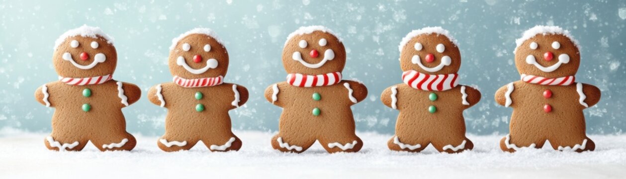 Detailed gingerbread snowmen with candy cane arms and peppermint buttons, set against a snowy winter scene, festive wallpaper graphic