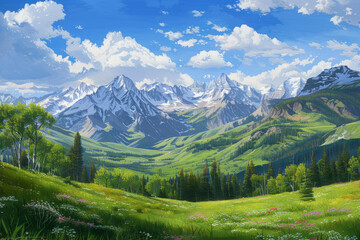 Obraz premium A beautiful mountain landscape with a large green field in the foreground