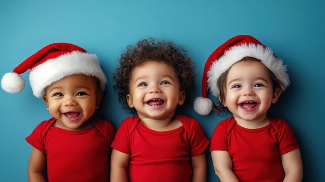 happy multiethnic babies weraing santa hat and red t-shirts smiling and laughing on a blue background with copy space, panoramic banner for christmas advertising or concept design, copy space