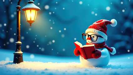 Snowman reading a book under a streetlamp