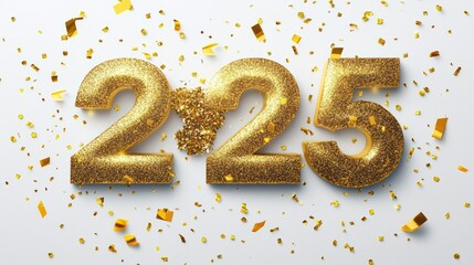 Happy new year 2025 illustration, With glittering numbers and gold glitter sprinkles on white background.