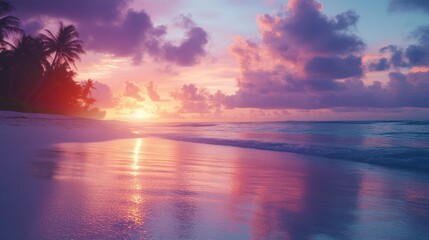 Serene Tropical Beach at Dusk with Purple and Pink Sky Reflecting in Ocean Waters
