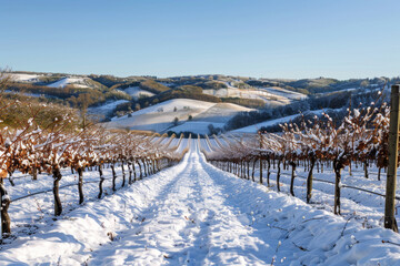 A snowy vineyard with a path through it