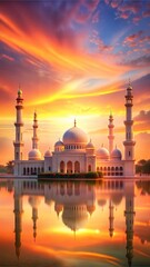 Stunning mosque reflection during sunset with vibrant skies and serene water surroundings