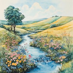 Naklejka premium Watercolor Painting of a Stream Through a Summer Meadow