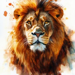 Naklejka premium Majestic Lion Watercolor Painting Wildlife Art Portrait Close up Animal
