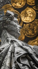 A close-up of a statue's head with coins in the background.