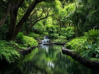 A LowAngle Perspective of a Tranquil Pond and Waterfall Surrounded by Lush Greenery