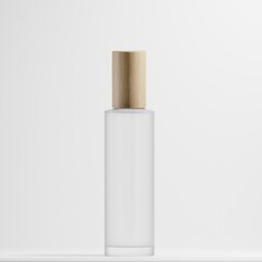 A glass bottle with a frosted finish. The bottle features a natural bamboo cap and a spray nozzle. It's a minimalist cosmetic packaging ideal for 
