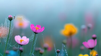 Obraz premium A soft, misty morning scene in a meadow, with dew-covered spiderwebs stretched between wildflowers spiderwebs, wildlife, botanical meadow