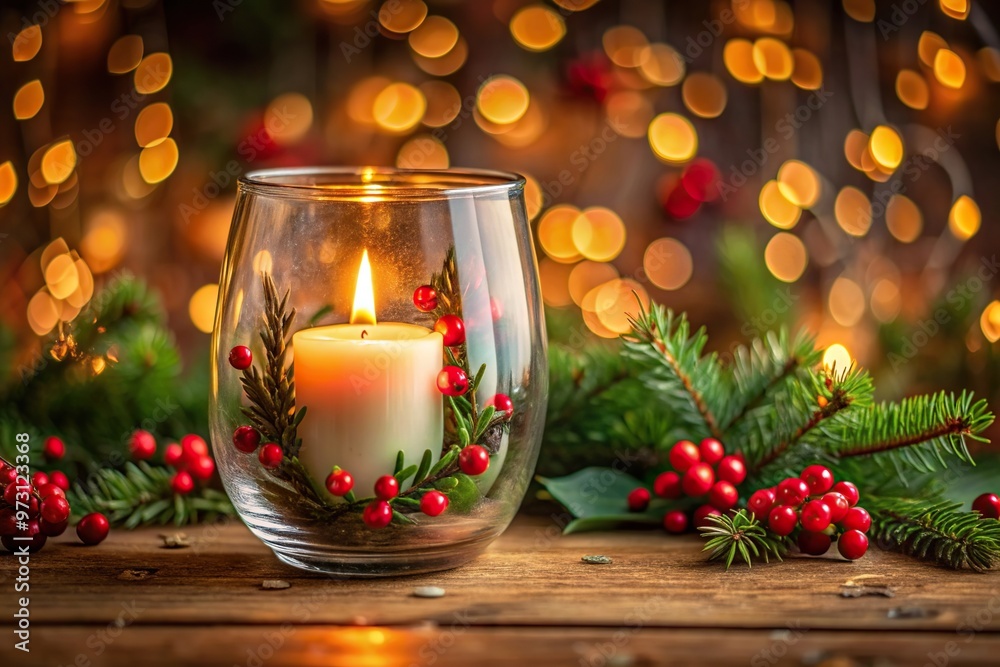 Wall mural Christmas candle glowing inside festive glass holder, holiday, festive, decoration, glass, Christmas