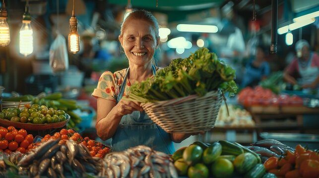 A joyful vendor showcasing fresh greens at a vibrant market filled with colorful fruits and vegetables.