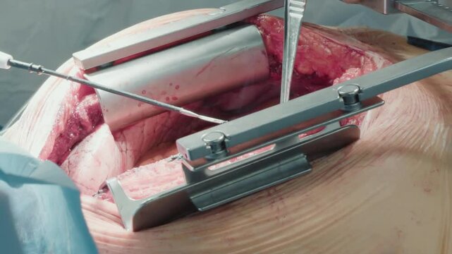 Surgeon handles laser tools in clinic. Doctor gloved hands guide laser and forceps with finesse during critical heart procedure in clinic operating room