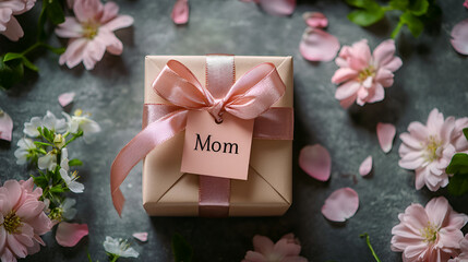 A beautiful gift box for mom fully wrapped with beautiful pink ribbon and flowers