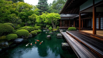 Obraz premium Tranquil Japanese Garden A LowAngle View of a Serene Pond with Koi Fish Lush Greenery and a Traditional Wooden Structure
