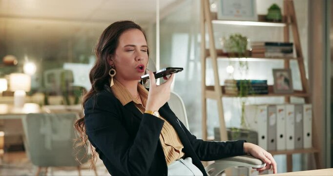 Memo, phone or voice note with business woman at desk in office for administration or communication. Accounting, bookkeeping and finance employee speaking at work for professional wealth management