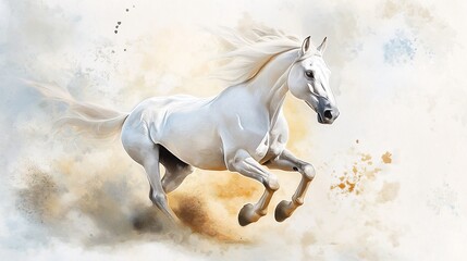 Fototapeta premium White Stallion Galloping Through a Whirlwind of Dust and Sand AI Generated