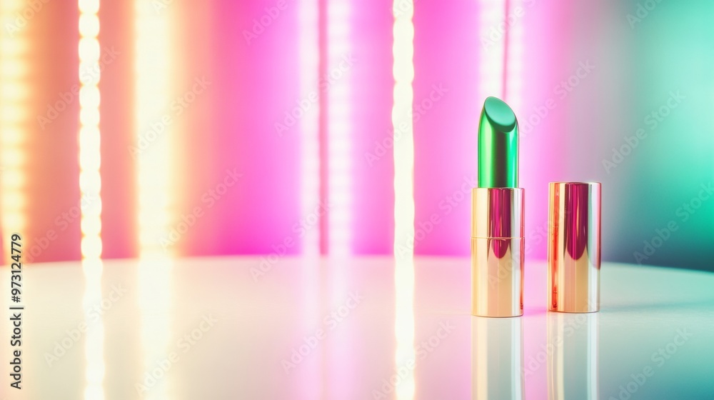 Poster vibrant neon makeup display on white table with retro-futuristic bokeh background featuring green li
