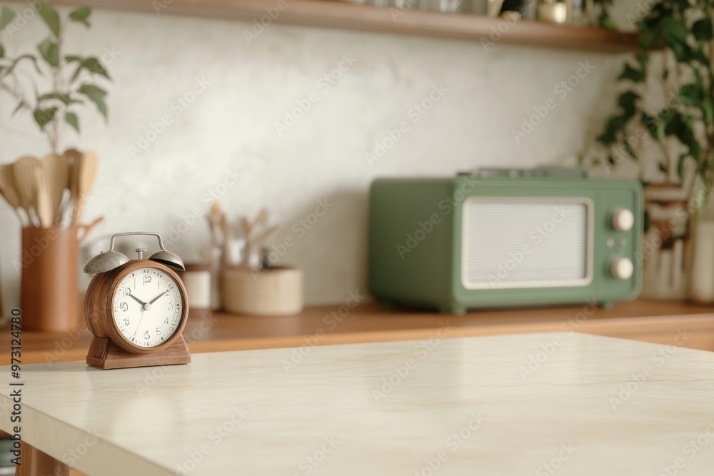 Poster nostalgic vintage-themed retro interior with cream marble table for product display - soft warm ligh