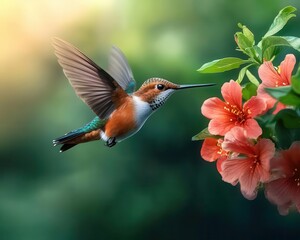 Naklejka premium A tiny hummingbird hovering near a bright red flower, its wings a blur in the morning light hummingbird, wildlife, botanical beauty