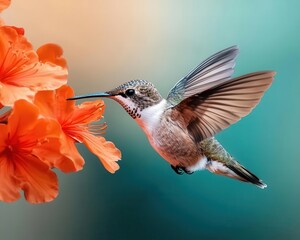 Fototapeta premium A tiny hummingbird hovering near a bright red flower, its wings a blur in the morning light hummingbird, wildlife, botanical beauty