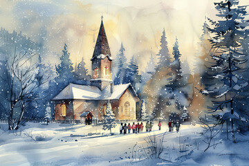 A painting of a church with a group of people walking in the snow