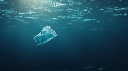 A plastic bag floats in the deep blue ocean, a stark reminder of pollution.