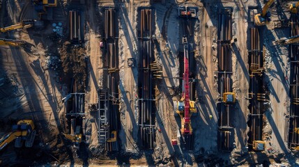 Naklejka premium Aerial View of Construction Site with Excavators and Pipelines
