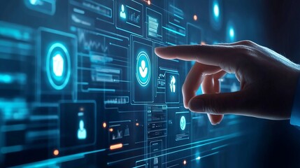 Obraz premium Onboarding concept. Person touch virtual onboarding icon for human resources business industry to introduce newly hired employee into an organization with behavior, welcome, knowledge, and skill