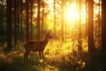 Beautiful deer in the forest at sunrise in the summer Deer at the spring sun in forest of nature with generative ai