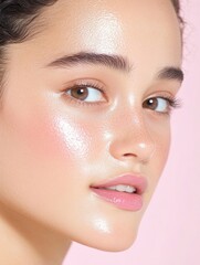 Close-up of a woman's face without makeup, isolated on a pink background