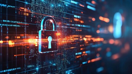 A digital lock symbol superimposed on a business data background, illustrating cybersecurity and technology concepts.