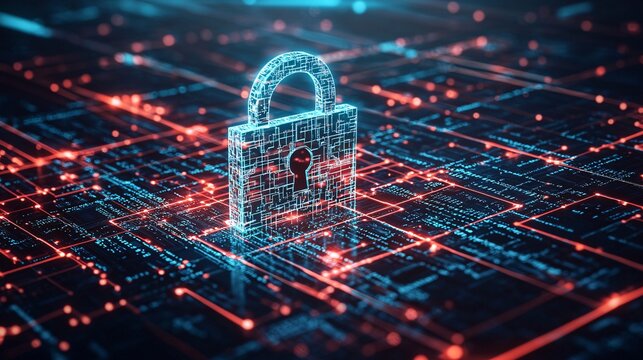 A digital lock hovering over a complex encrypted network, symbolizing security and technology advancement.