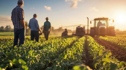 A group of farmers inspecting crops under the morning sun, with large agricultural equipment in the background.