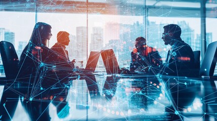 A creative double exposure image featuring a business team overlaid with digital technology elements, symbolizing teamwork and innovation.