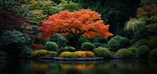 Autumnal Serenity A lone orange tree stands on a small island in a serene pond surrounded by lush greenery The tree is reflected in the still water