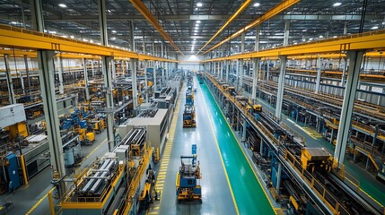 Obraz premium A spacious factory with standardized machinery and production lines, well-lit to ensure all areas are visible with sharp details